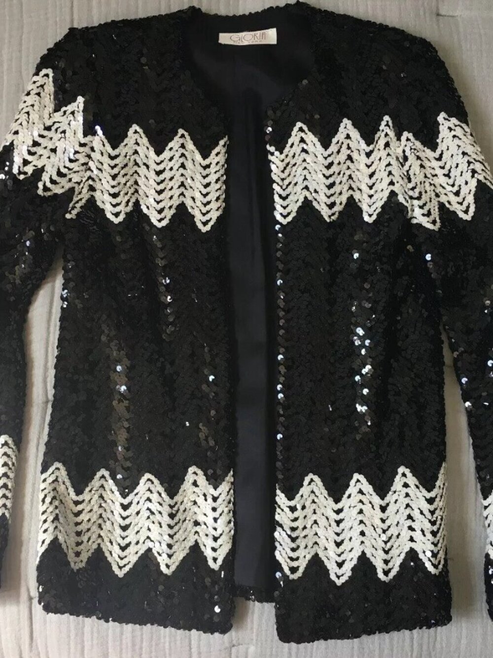 Excellent Vintage GLORIA Black White Sequin Fancy Jacket Small 4 1980s Evening